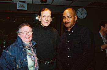 Christine Lavin, Oscar Brand, and Guy Davis at the 60th anniversary of Folksong Festival